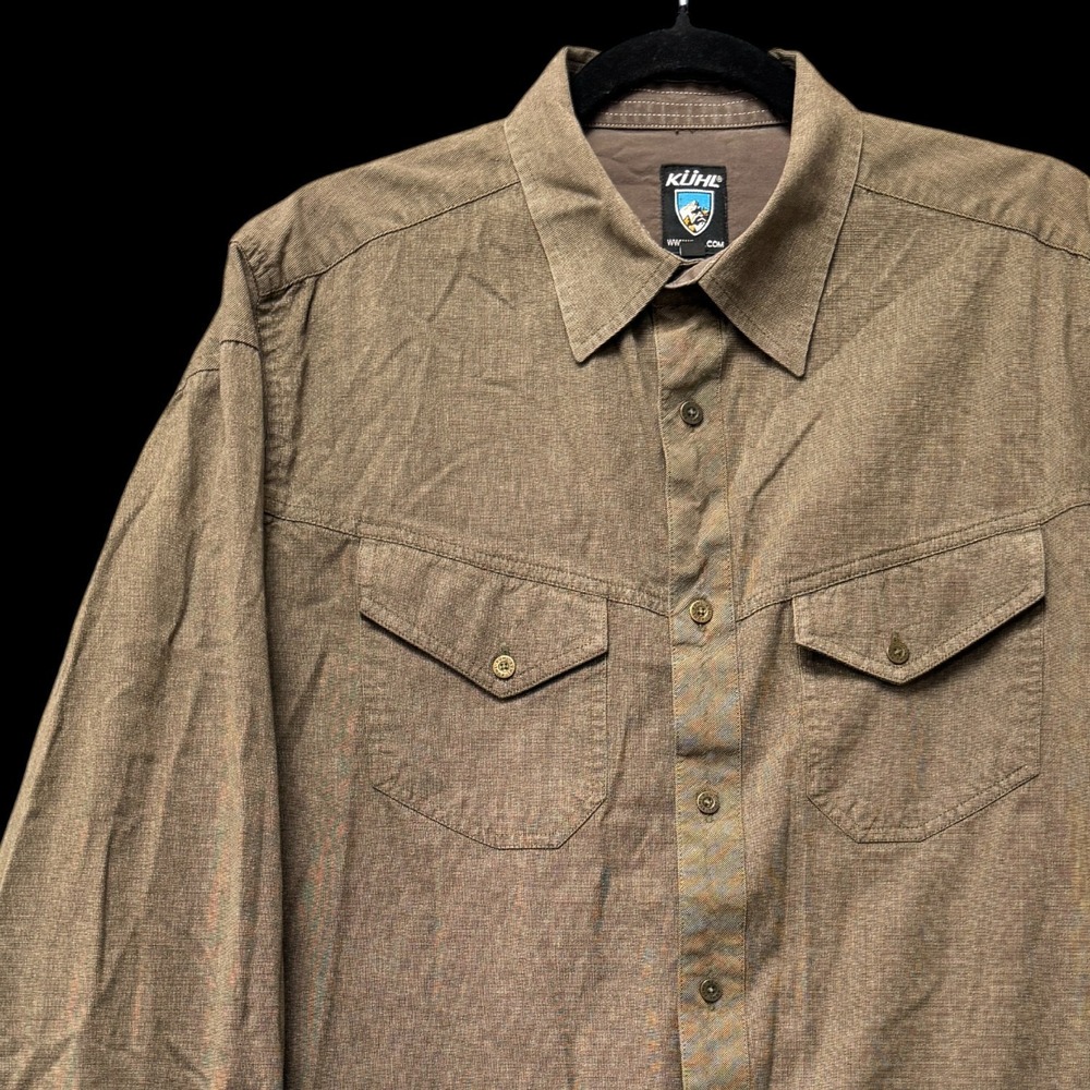 Kuhl Disputr Shirt Mens Large Brown Cotton Long‎ Sleeve Flap Pockets Button Up